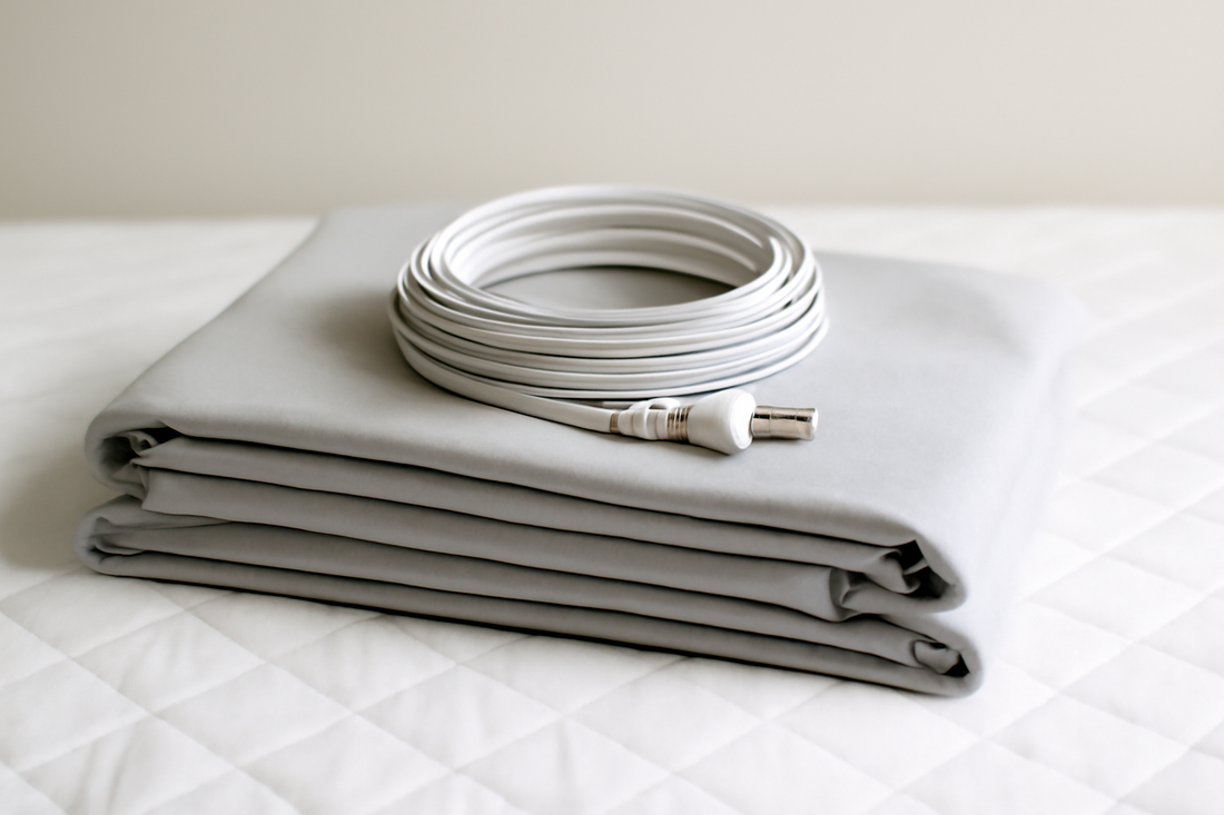 Folded gray grounding sheet with white grounding cord on bed