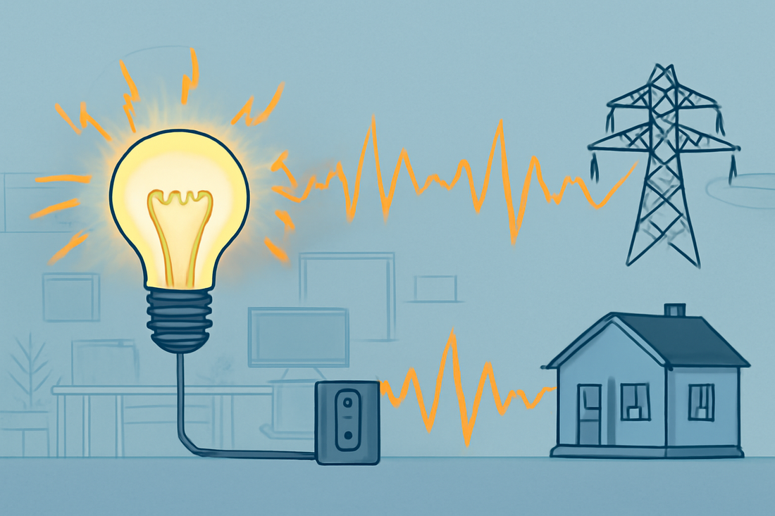 Illustration of dirty electricity with a glowing light bulb, waves, a house, and a transmission tower.