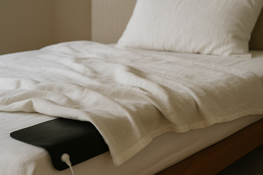 Grounding mat under white cotton sheet on neatly made bed