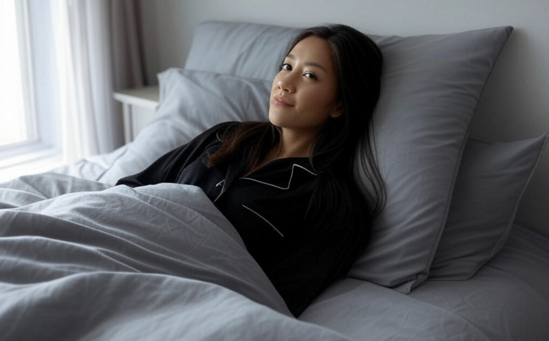 Asian woman lying on gray sheets with black pajamas.