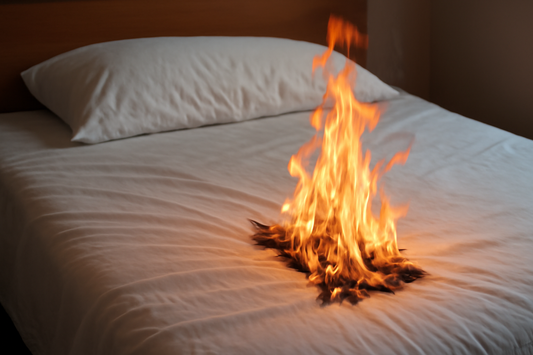Photo of a bed with flames engulfing it, symbolizing potential fire risks in certain conditions.