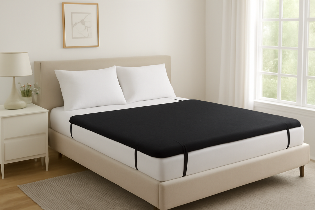 A simple bed with a black fitted sheet, white pillows, and a lamp beside it in a bright room.