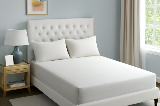 GroundLuxe fitted bed sheet with organic cotton and silver fiber in beige, placed on a bed.