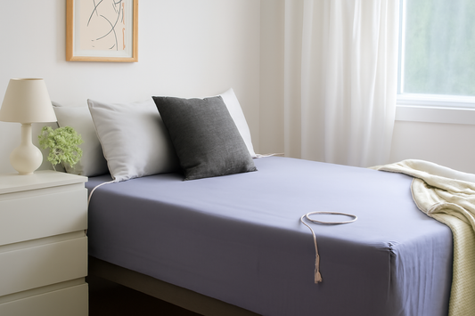 Modern bedroom with a gray fitted grounding bed sheet and minimalist decor.