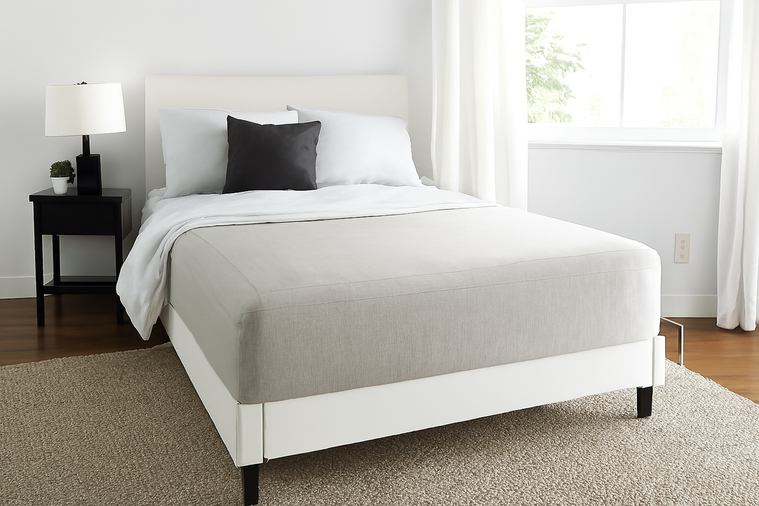 Modern bedroom with a grounding sheet, bed, and electrical components for wellness