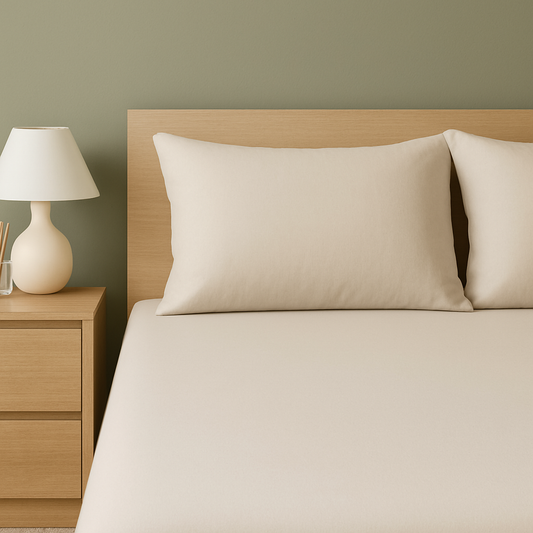 Bedroom with beige bed sheets, wooden furniture, and soft lighting against green walls.
