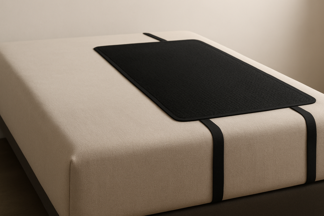 Beige mattress with black textured mat secured by two straps, shown in a softly lit room.
