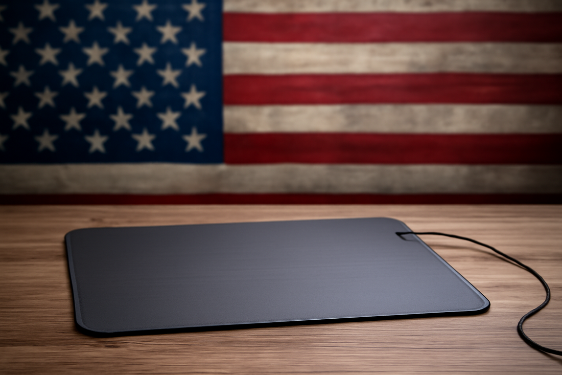 Close-up of a grounding mat with an American flag blurred in the background, showing a white cord.