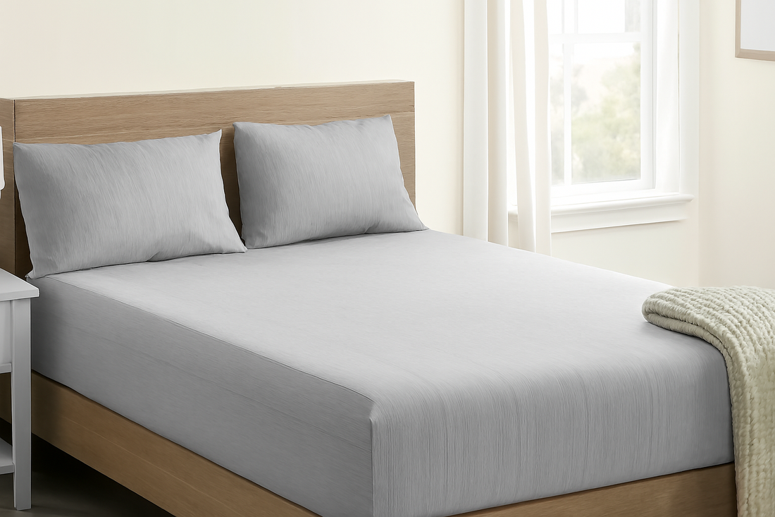 Bed with gray grounding sheet and pillowcases