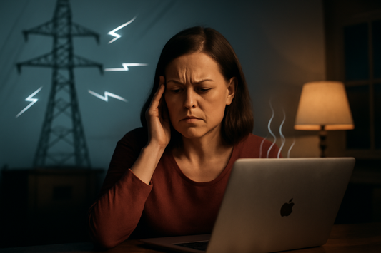 A woman experiences discomfort from dirty electricity, with power lines and a laptop nearby