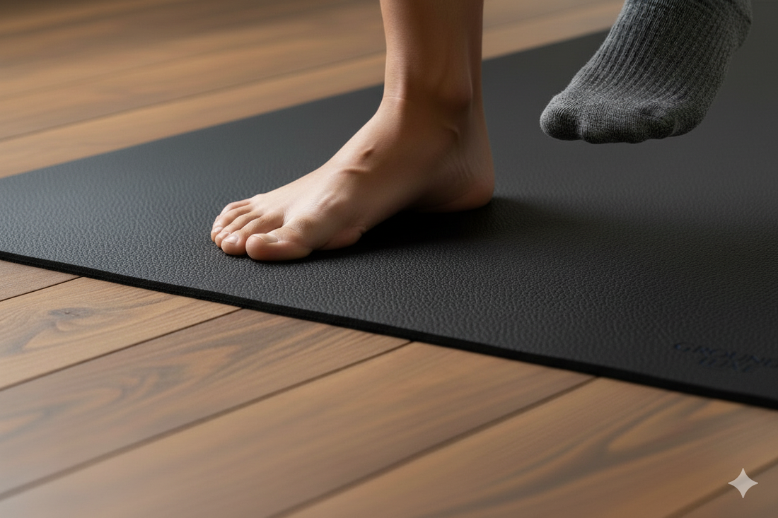 Bare foot and socked foot stepping on a black grounding mat placed on a wooden floor for earthing.