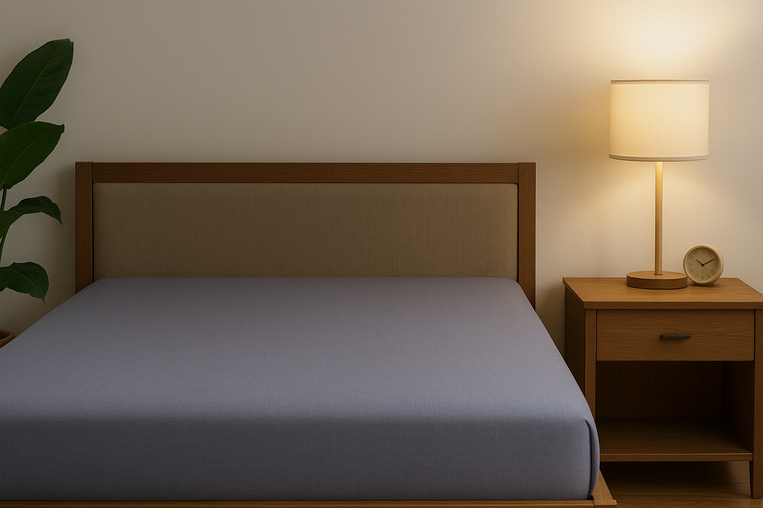 Modern bedroom with gray fitted sheet, wooden bed frame, beige headboard, lamp, clock, and plant.