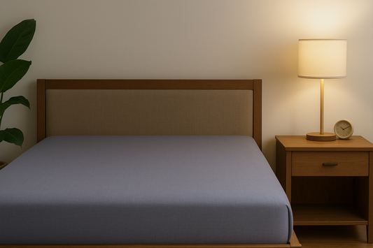 Modern bedroom with gray fitted sheet, wooden bed frame, beige headboard, lamp, clock, and plant.