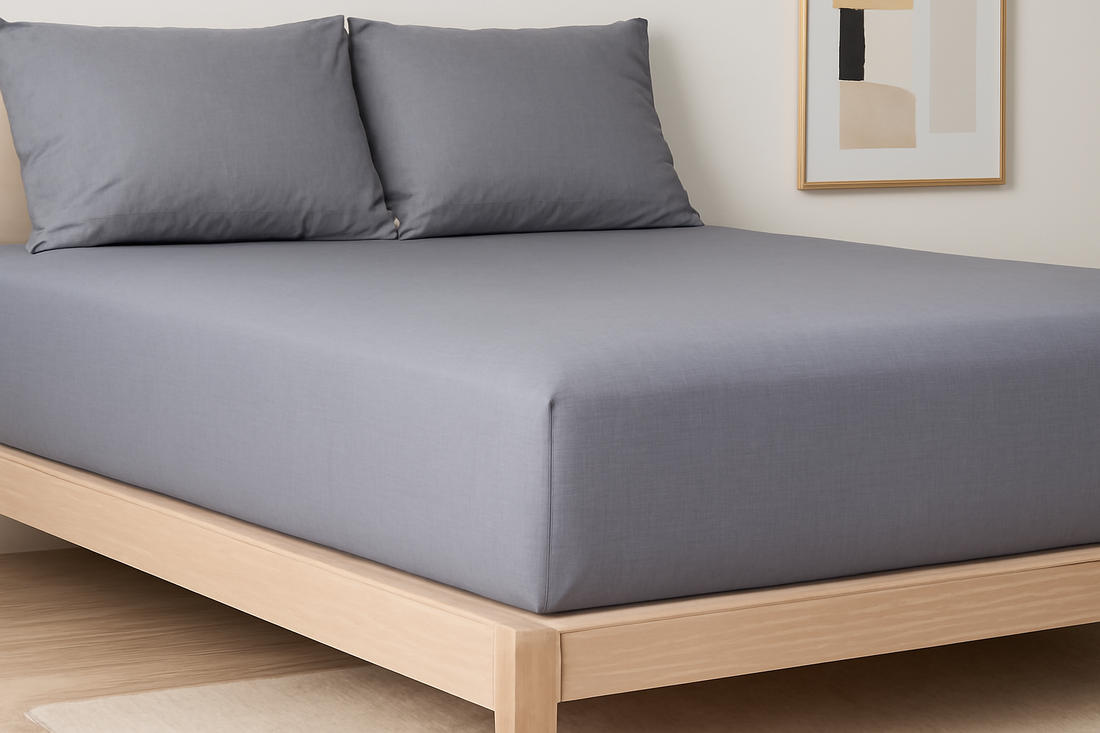 Minimalist bedroom with a gray fitted sheet, pillows, and abstract art above a wooden bed frame.