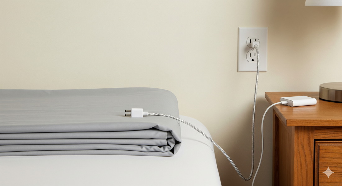 Grounding sheet plugged into a double wall outlet beside a wooden nightstand with a lamp.