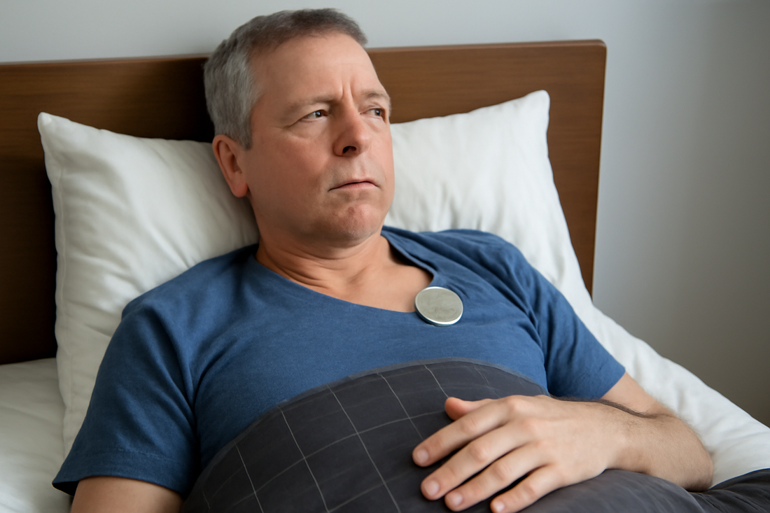 Middle-aged man in bed with defibrillator and grounding sheet, looking contemplative.