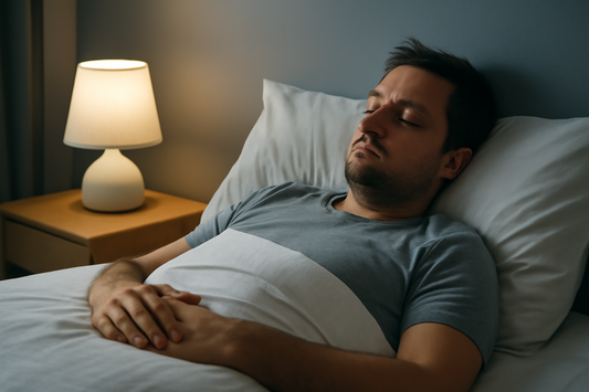 A light-skinned man relaxing in bed at night, with a soft lamp glow illuminating his peaceful face.