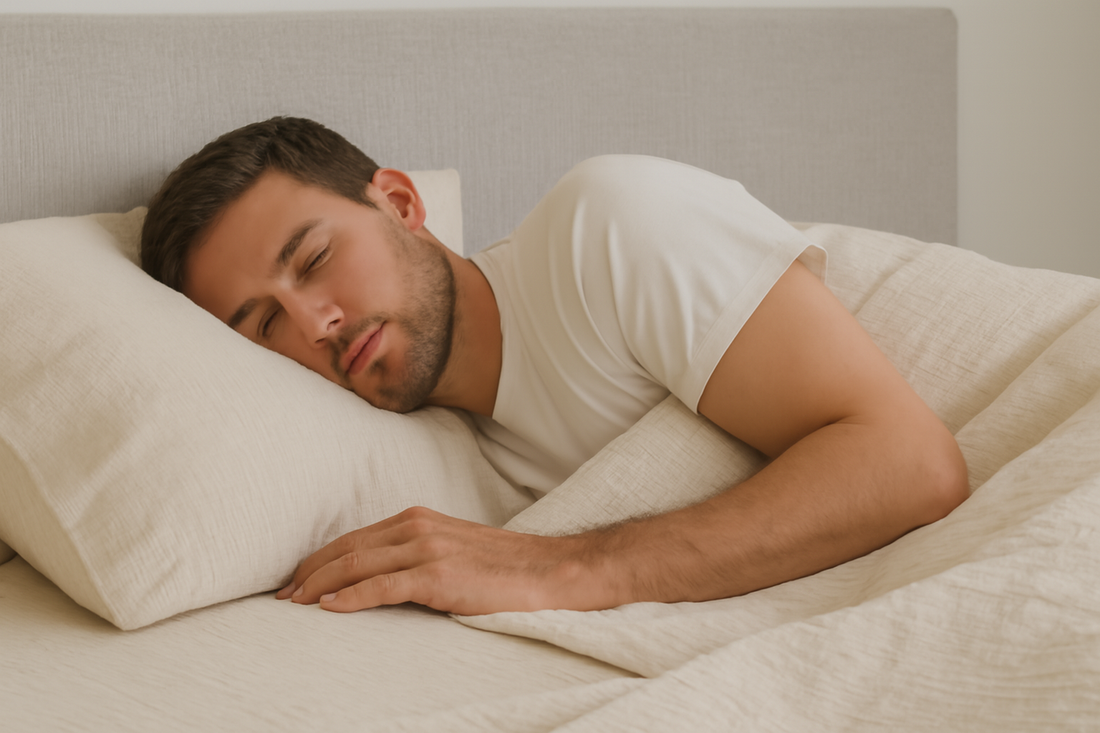 A young man sleeps peacefully on a bed with beige grounding sheets and matching pillow under soft light.