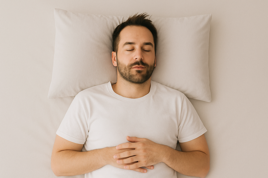 Man peacefully sleeping on a smooth beige bed sheet, wearing a white shirt, hands resting on chest.