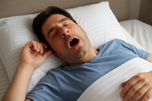 Middle-aged man snoring peacefully in bed, relaxed and sleeping soundly on a grounding sheet.