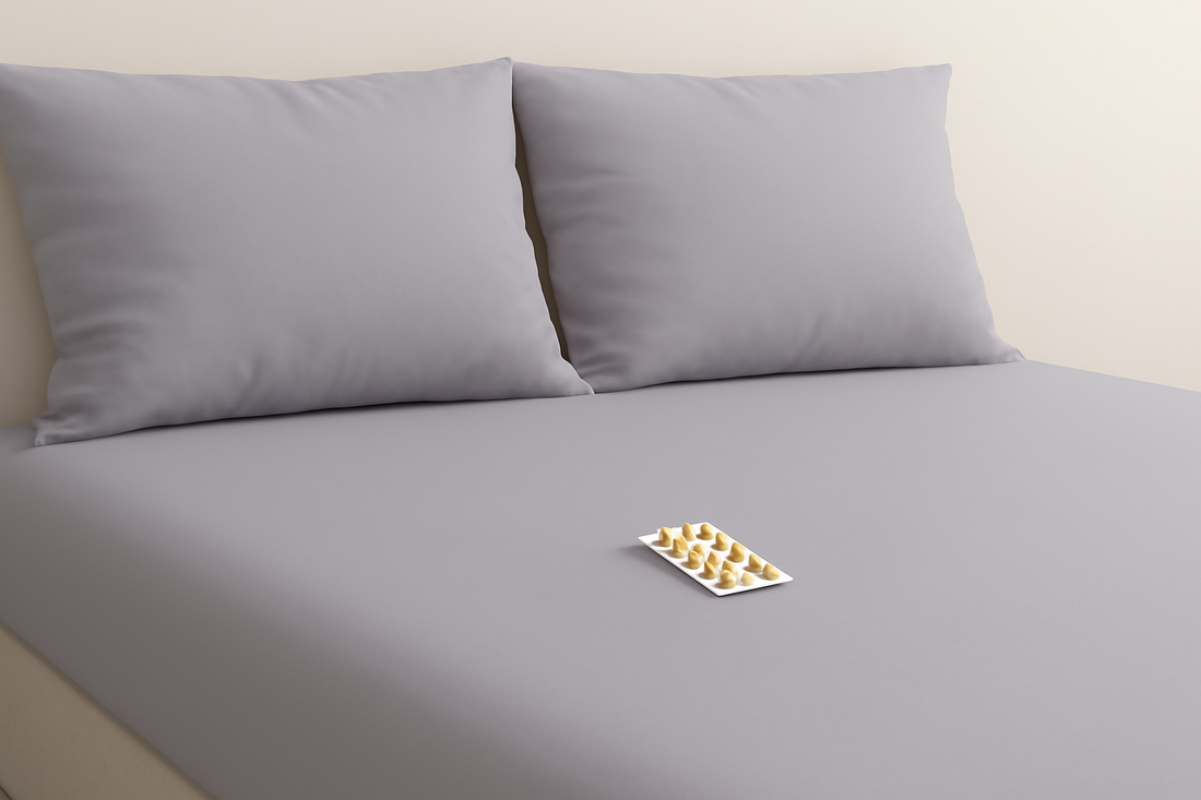 Gray bed with smooth fitted sheet and pillowcases, featuring a blister pack of yellow capsules on top.