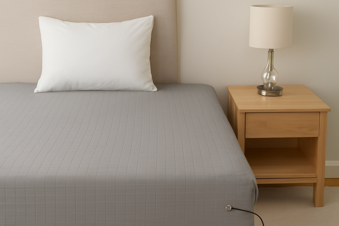Neatly made twin bed with gray grid-patterned grounding sheet, pillow, and minimalist wooden nightstand.