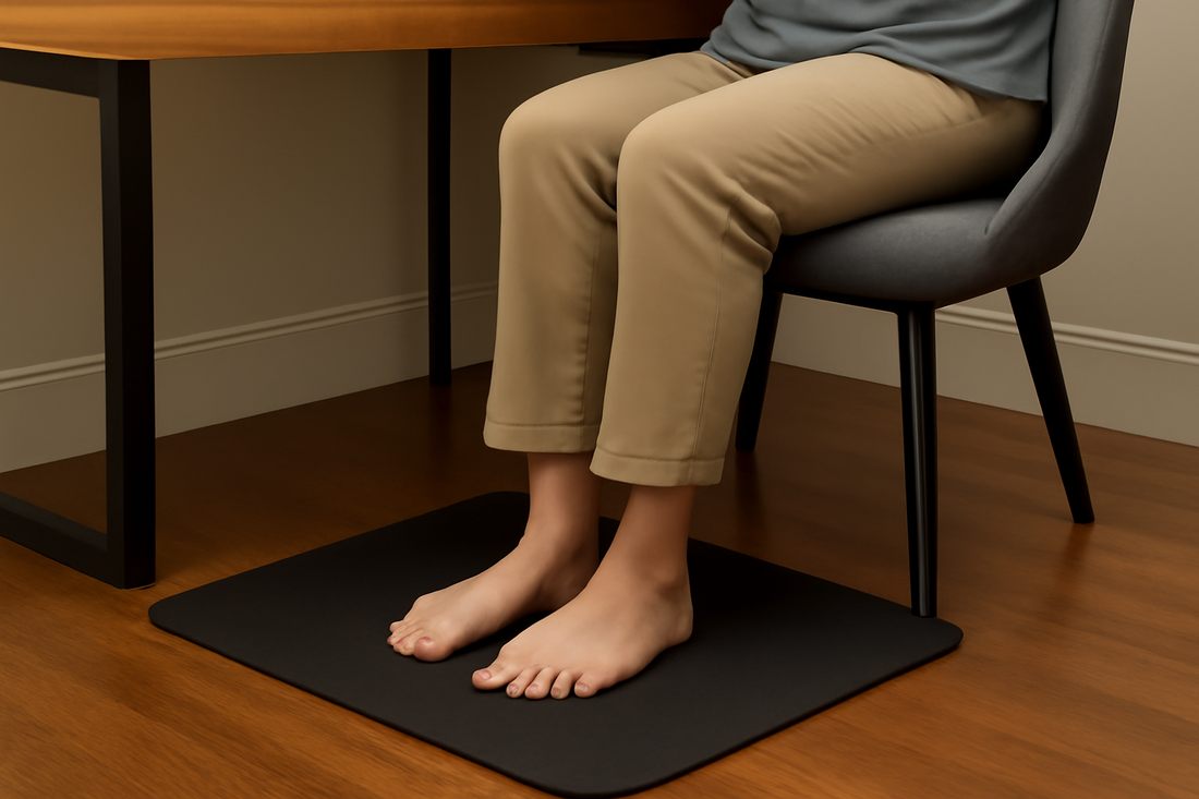 Person seated at a desk with bare feet on a larger black anti-fatigue mat, wearing khaki pants.