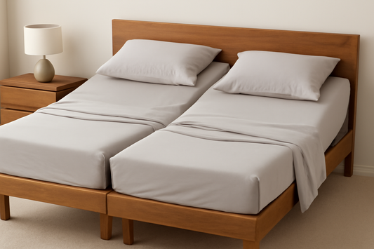 Split king adjustable bed with twin XL sheets and soft gray bedding for grounding.