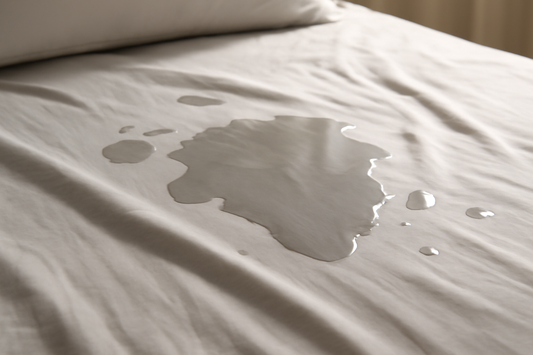 Close-up of a damp bed sheet with soft folds, showing wet and dry patches, gently lit.