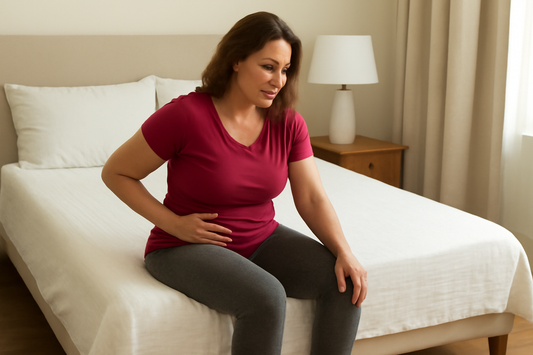 A woman in a magenta shirt sitting on a bed, holding her abdomen, in a calm, neutral-toned room