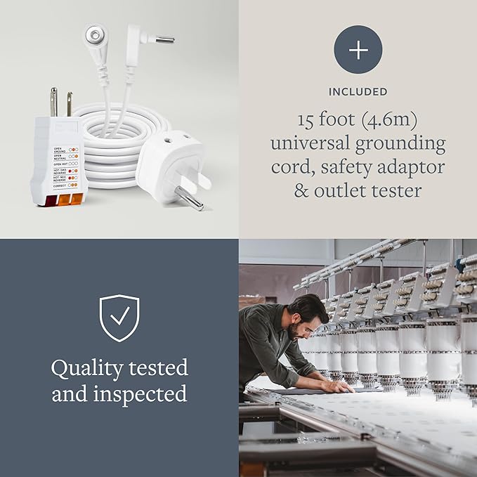GroundLuxe Fitted Grounding Sheets include a 15 foot grounding cord, safety adapter, and outlet tester for earthing at night. They are quality tested and inspected before leaving the factory and upon arrival to the warehouse. One grounding kit is all you need.