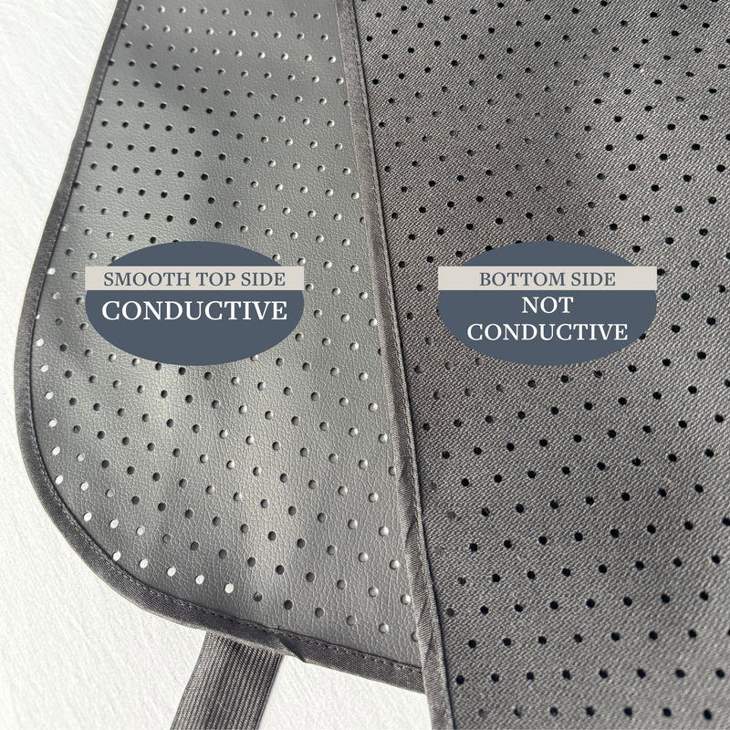 The GroundLuxe Grounding Mat for bed has a smooth conductive carbon surface that faces up, and a grippy bottom surface that is not conductive. Place the Earthing mat in the appropriate direction when setting it up on your bed for grounded sleep.