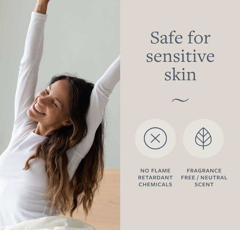 GroundLuxe Fitted Grounding Sheets are safe for sensitive skin while earthing. There are no flame retardant chemicals and no fragrance to them. They do not off-gas toxic fumes like knockoff grounding sheets. Wake up feeling amazing on these organic, non-toxic grounding sheets.