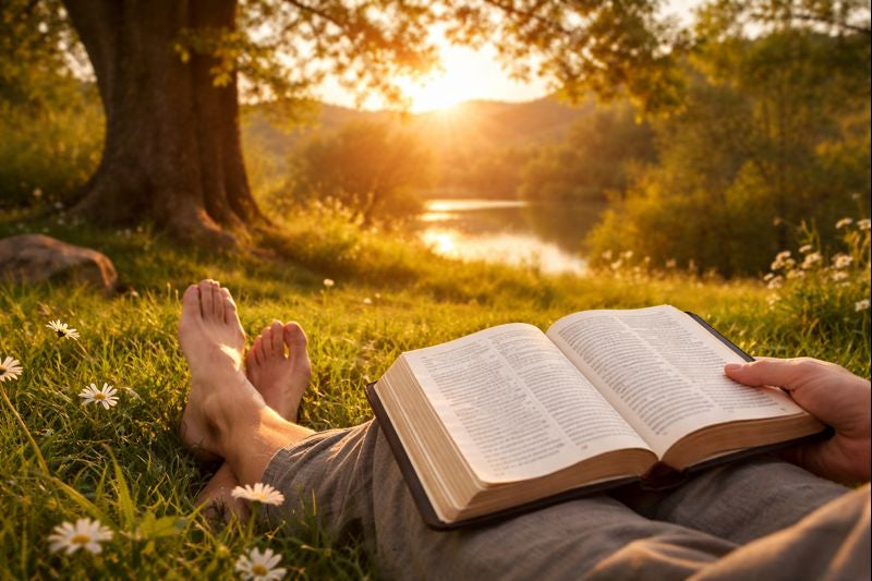 Person reading a Bible barefoot on grass near a lake at sunset, surrounded by trees and nature.