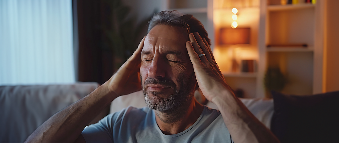 A middle-aged man holding his head in discomfort