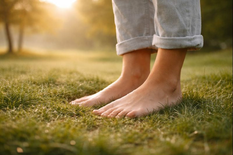Bare feet standing on fresh grass at sunrise, showing a calm grounding moment in a natural outdoor setting.