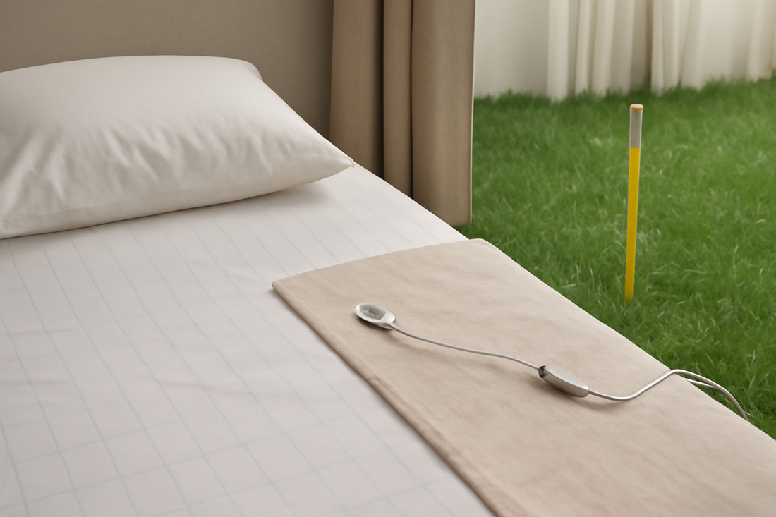 Serene bedroom with a grounding sheet connected to a grounding rod in the lush grass outside