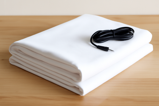 Neatly folded white grounding sheet with a black grounding cord placed on a light wooden surface