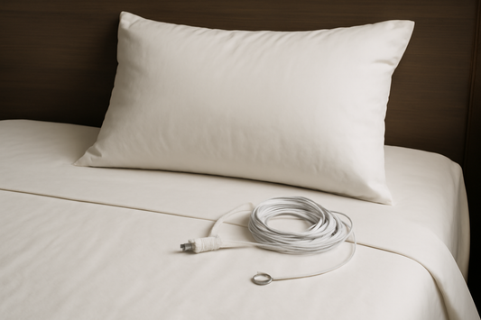 Neatly made bed with white pillow and coiled grounding cord