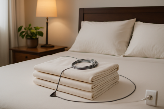 Stacked grounding sheets with an earthing cord connected to a wall outlet on a neatly made bed