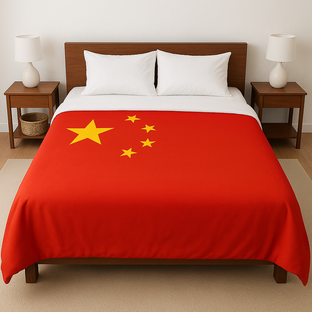 Bedroom scene with Chinese flag on bed