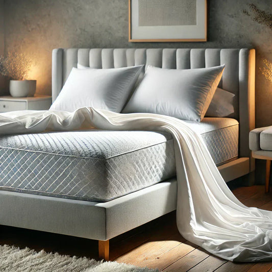Elegant bed with white bedding in a cozy, softly lit bedroom.