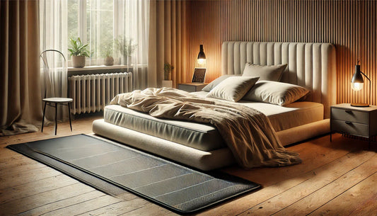 Cozy bedroom with grounding sheets and an earthing sleep mat for wellness