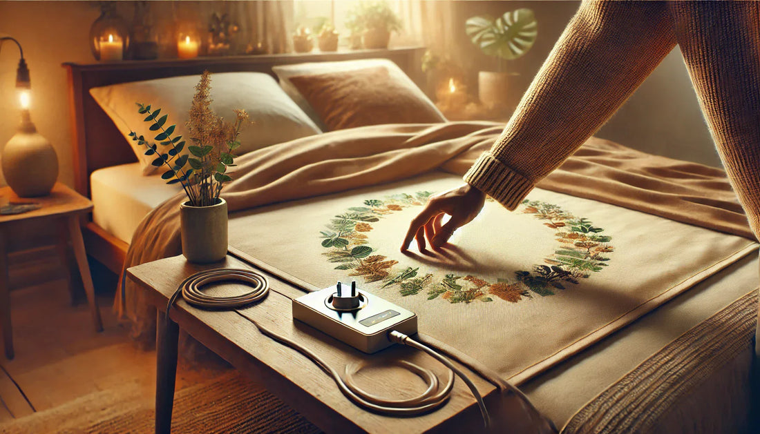 A cozy bedroom with a grounding sheet on the bed. A hand reaches for an unplugged grounding cord.