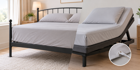Grounding sheet on a bed with a metal frame beside an adjustable bed, showing the grounding cord connection.
