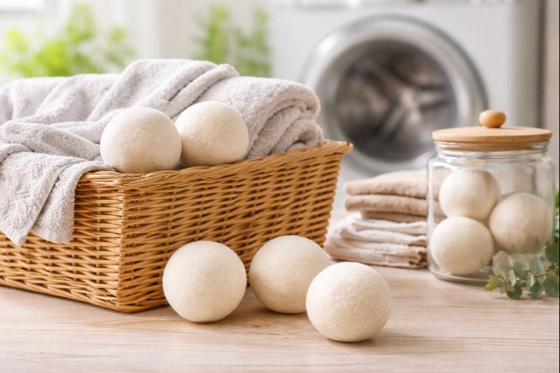 Soft wool dryer balls beside a wicker laundry basket filled with towels in a bright laundry room setting.