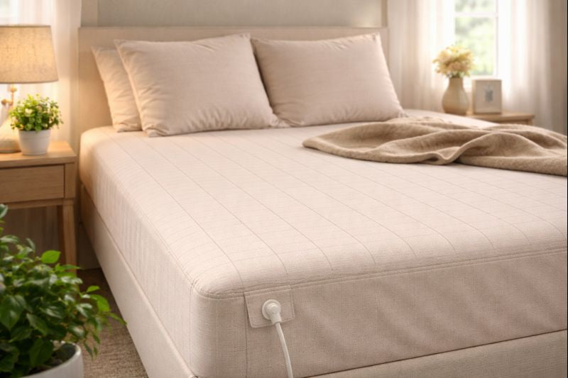 A beige GroundLuxe grounding sheet with a fine silver-thread grid is shown neatly fitted on a bed, with the grounding cord attached at the corner in a bright, minimalist bedroom.