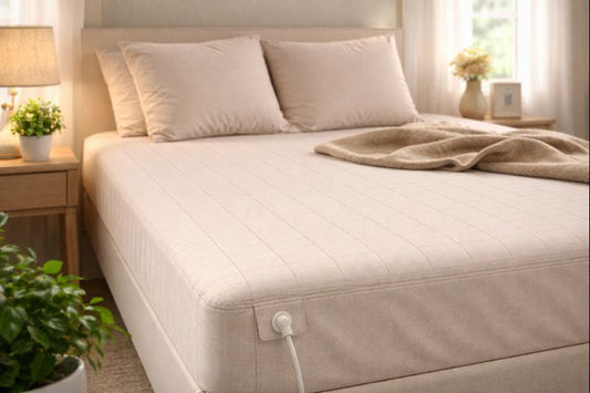 A beige GroundLuxe grounding sheet with a fine silver-thread grid is shown neatly fitted on a bed, with the grounding cord attached at the corner in a bright, minimalist bedroom.