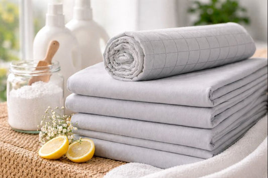 Light gray grounding sheets stacked neatly in a bright laundry room beside detergent and fresh lemons.