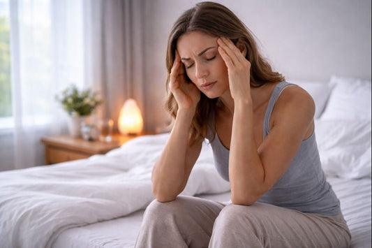 Woman sitting on bed holding her temples in a bright bedroom, showing stress and lack of grounding.